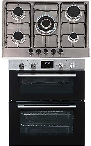 SIA 60cm DO111SS Stainless Steel Electric Double True Fan Oven & 70cm SSG702SS 5 Burner Gas Hob with Enamel Pan Stands