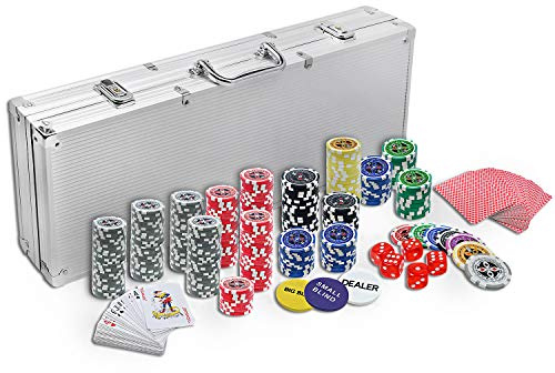 NAIZY Mallette de Poker 500 Jetons Set de Poker Laser - Set de Poker incluant 2 Jeux de Cartes, 5 Dés, Bouton Dealer/Small Blind/Big Blind Mallette de Poker en Aluminium, Couleur Argent
