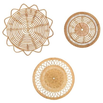 MSUIINT 3 runde Boho-Weidenkörbe, geflochtene, flache Weidenkörbe, Rattan, handgefertigter Wandkorb, Dekoration, Hängekorb-Set