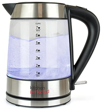 Kitchen Perfected Eco-Friendly Blue Illuminating Cordless Glass Kettle - 1.7Ltr, 2200w, Fast and Quiet Boil, 1 Cup in 60 seconds, Only boil what you need, BPA Free - E1401BS