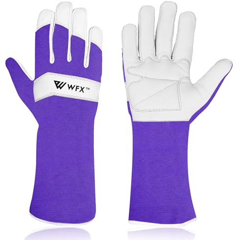 WFX Guantes largos de jardinería de cuero para mujeres, hombres y mujeres, guantes de jardín duraderos de piel de cabra, protección del antebrazo, a prueba de espinas, mangas (Morado, S)