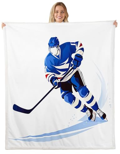 Ice Sports Game Sherpa Blanket for Bed Sofa Couch Ice Hockey Plush Blanket Hockey Player Fleece Throw Blanket Winter Sports Bedroom Decor Blue Puck Hockey Flannel Blanket 40x50 Fuzzy Blanket