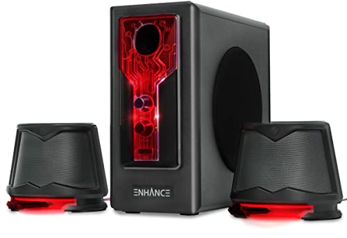 ENHANCE SB 2.1 Computerlautsprecher mit Subwoofer – Rot LED-Gaming-Lautsprecher, High-Excursion-Soundsystem, AC-betrieben, Lautstärke- und Bassregelung, Kompatibel mit Gaming-PC, Desktop, Laptop