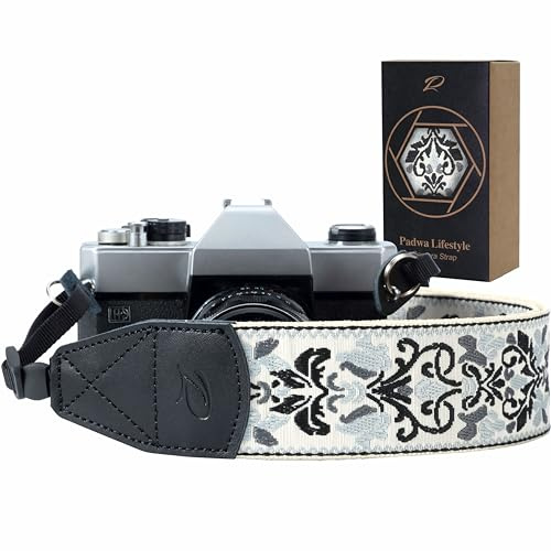 Kameragurt – 5,1 cm Retro-Jacquard-Stickerei Multi-Muster Kameragurte verstellbar, breiter Kamera-Nacken-/Schultergurt mit echtem Lederkopf für alle DSLR/SLR-Digitalkameras (edle graue Stickerei)