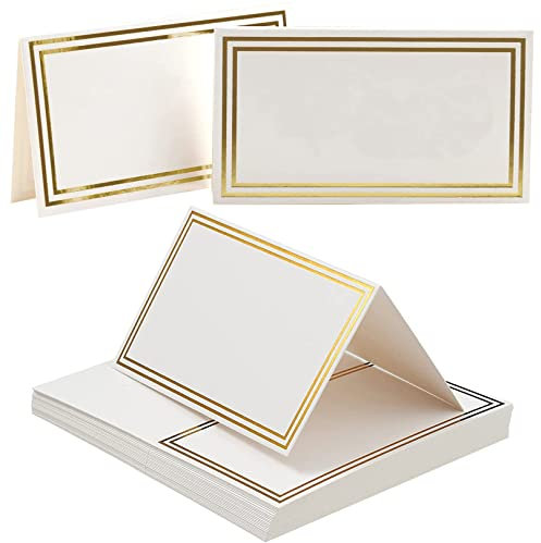 25PCS Table Place Cards,Wedding Name Cards Place Cardswith Double Gold Border forWeddings Greenery Table Seating CardsPaper Tented forTable Setting Wedding Birthday Dinner Party(White)