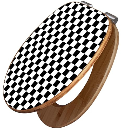 banjado Design WC Sitz Bambus Absenkautomatik 45,8x37,5cm - Toilettendeckel mit Absenkautomatik Holz - hochwertiger Bambus Klodeckel - WC-Sitz für gängigen Toiletten - Motiv Karo Schwarz