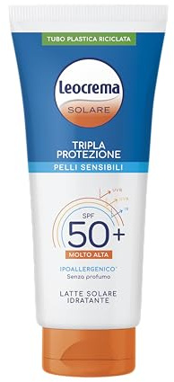 Leocrema Protection solaire SPF 50+ pour peaux sensibles, triple protection solaire, inodore, imperméable, 200 ml