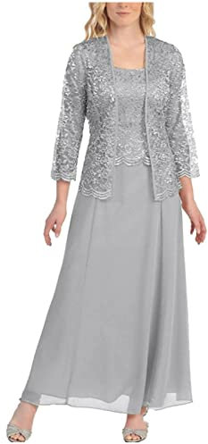 Women Dresses Clearance Mother of The Bride Dress for Wedding UK 2 Pieces Lace Cardigan Set Maxi Dresses Casual Solid Sleeveles Chiffon Work Dress Half Sleeve Party Evening Long Dresses Gray