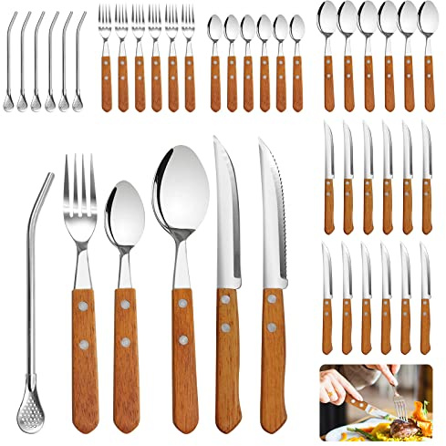 Daily Treasures Set di posate da 36 pezzi, posate in acciaio inox con manici in legno, utensili di alta qualità, forchetta e cucchiaio, con coltello da bistecca, servizio di paglia per 6 persone