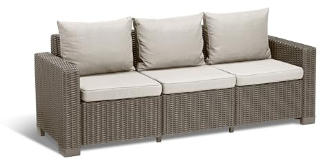 Keter California Gartensofa, ausgestattet mit DREI Sitzen und Kissen auf Sitzfläche und Rückenlehne, 198 x 68 x 71,5 cm, hergestellt mit charakteristischer geflochtener Oberfläche, Farbe Cappuccino
