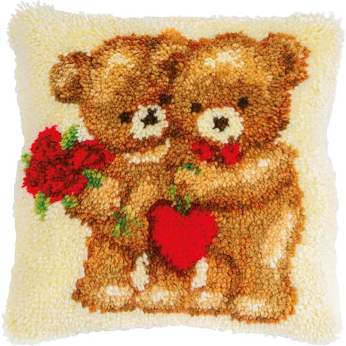 VERVACO Kit Point Noué Á Faire Coussin Broderie Debutant DIY LOVE BEARS Latch Hook Kit Complet Decoration Maison Manuelle Loisir Créatif ca. 40 x 40 cm Embroidery