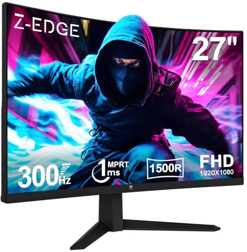 Z-Edge Monitor Gaming Curvo 27'' 300Hz (DP1.4 * 2), 1ms MPRT, FreeSync, FHD, 240Hz (HDMI2.0 * 2), Pantalla PC LED 16:9, Inclinación Ajustable, 1500R VA, 4000:1, VESA 100 * 100mm (Cable DP Incluido)