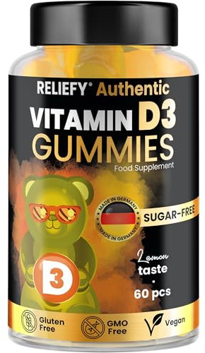 Reliefy Vitamin D3 Gummibärchen Hochdosiert 4000 IE | Immunsystem, Stoffwechsel & Knochen | Hohe Festigkeit für Kinder und Erwachsene - Zuckerfrei, Vegan und Glutenfrei - 60 Stück