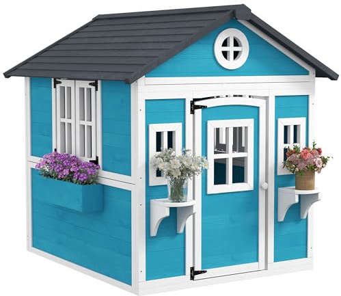 Outsunny Kinderspielhaus aus Holz Spielhaus Outdoor mit Fenster, Blumenregal, Pflanzenkasten und Tür Gartenhaus für Kinder 3-8 Jahre Blau