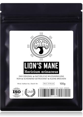 LIONS MANE - Colección natural | Calidad del original | GMP + certificado ISO 9001 + probado en laboratorio | vegano crudo + secado suave | perfecto como té | sin polvo | 100g