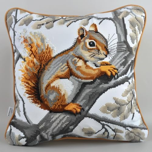 Taxpy Kit Completo de Funda de Cojín con Gancho de Cierre, Ardilla en una rama Kit de Funda de Almohada, Cojines de Ganchillo para Adultos y Principiantes, Decoración Del Hogar, 43x43cm