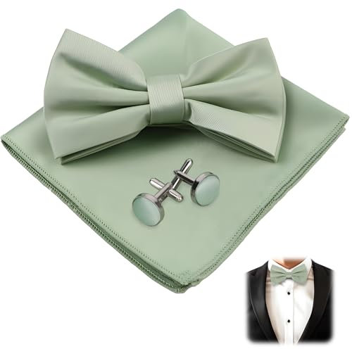 THKO Fliege Herren Mit Taschentuch Manschettenknöpfe Set, Aus Grüner Seide Elegantes Herren Set Mit Grüner Seidenfliege Seidig Grünem Taschentuch Und Stilvollen Manschettenknöpfen