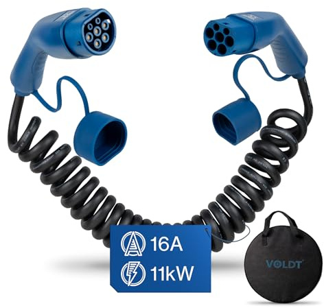 VOLDT Type 2 Spiral Charging Cable 11kW 16A, 3-Phase for EV Electric Vehicles PHEV, Type 2 to Typ2 Mode 3, Compatible with Tesla Model S/X/Y/3, ID.4, E-Tron, e-208, I4, IX1, Zoe, IP67 Waterproof (5