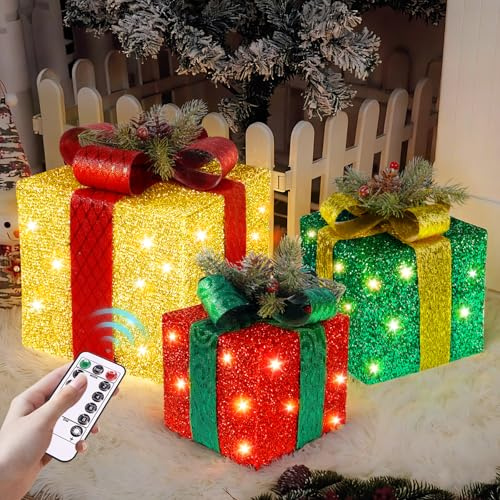Juego de 3 Cajas de Regalo con Luces, 50 LED Cajas Decorativas Navidad Luces 8 Modos con Control Remoto, Decoración de Caja de Regalo con Lazo, para árbol de Navidad, hogar, Decoraciones de Navidad