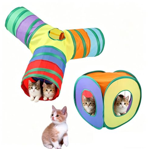 2Pcs Cat Tunnels, Collapsible Pop Up Cat Play Cube Tent with Bell Rabbit Bunny Tunnel and Hides for Indoor and Outdoor Use Suitable for Guinea Pigs Hamster Kitten