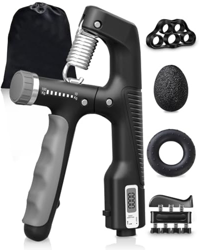 Hand Grip con Contatore Digitale, Pacchetto da 5 Pezzi, Rinforzatore per Mani, Resistenza Regolabile 10-100kg, Esercizi per Avambracci, Anello per Allenamento e Pallina Antistress