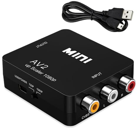 RCA to HDMI, AV to HDMI Converter Adapter with USB Power, Supports PS2/VCR | Composite CVBS Input to 1080P HDMI Output, PAL/NTSC Switch, Retro Gaming & VHS Tape Player Accessory for TV Monitor