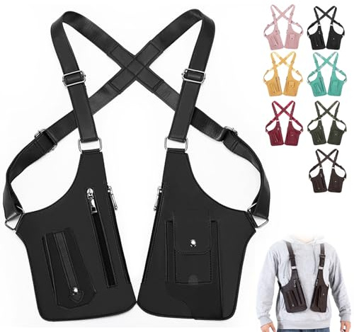 Premium Leather Adjustable Underarm Shoulder Bag for Men, Multi-pocket Waterproof Shoulder Holster for Travel (Black)