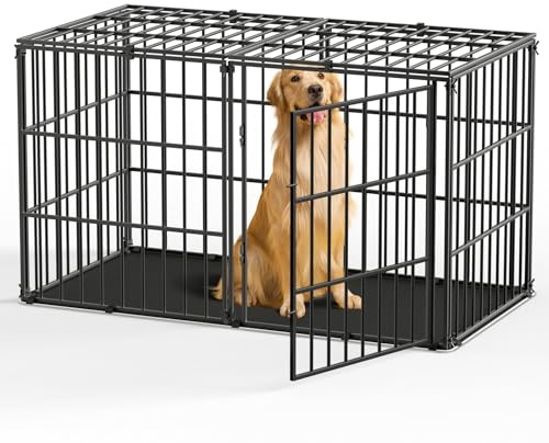 Pawaboo Jaulas para Perros Grandes con Tapete, Corral de Metal con Parte Superior Segura, Perreras de Pesadas e Indestructibles, Antimordeduras, Antiescape, 143,5 x 70 x 80 cm, Negro