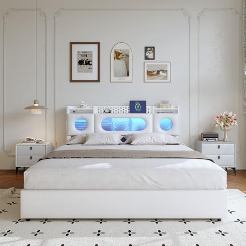 Letto baule 160 x 200 con LED e USB, letto matrimoniale con contenitore e testiera imbottita, telaio letto matrimoniale con doghe per adulti e adolescenti, senza materasso (bianco 7, 160 x 200 cm)