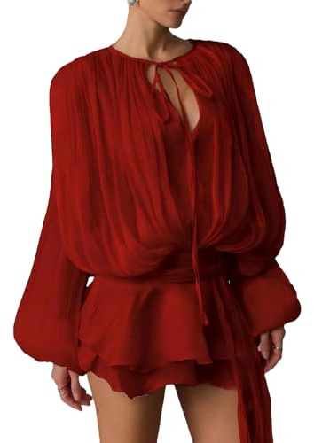 Mini abito da donna con maniche lunghe a lanterna e volant, con allacciatura frontale, in rete increspata, casual, con maniche a bolle e cravatta in vita, Borgogna, S
