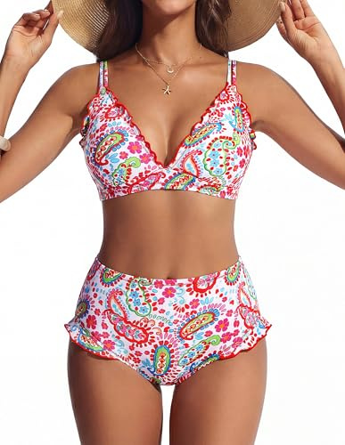 Hanna Nikole Women's Bikini Set, Cute Ruffles, Sexy V-Neck, Push-Up Effect, High-Waisted Bottoms, Double Shoulder Straps