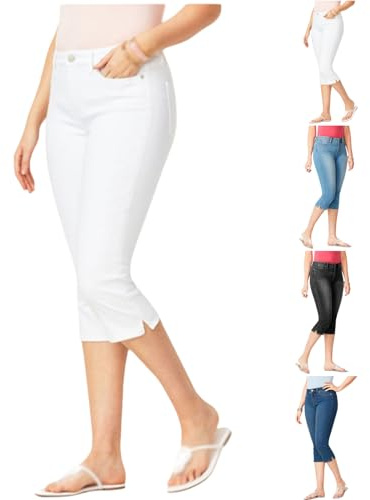 Dam stretch denim caprijeans, trendig medelhög midja sidoslitsfåll stretch skinny denim capribyxor ledig sommar, Vitt, 4XL