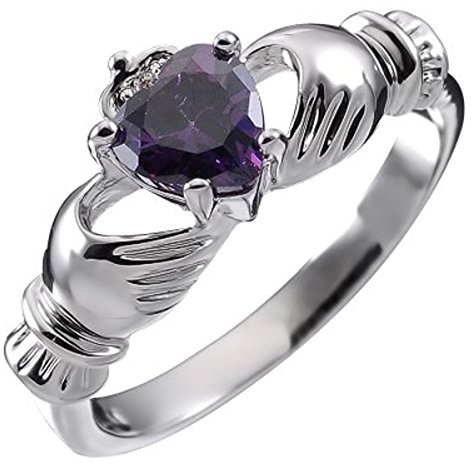 GWG Jewellery Anillo de Claddagh Plata de Ley Dos Manos Que Rodean Corazón de Piedra de Color Amatista Púrpura con Corona - 6 en Caja de Regalo para Mujeres