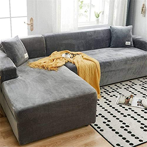 LINGKY Sofabezug Ecksofa L Form Stretch Samt Sofa Überzug Universal Couchbezug Für 1/2/3/4 Sitzer Waschbar Sofa Überwürfe (L Form Ecksofa Erfordert Zwei) - Sofabezug 3 Sitzer, Hellgrau
