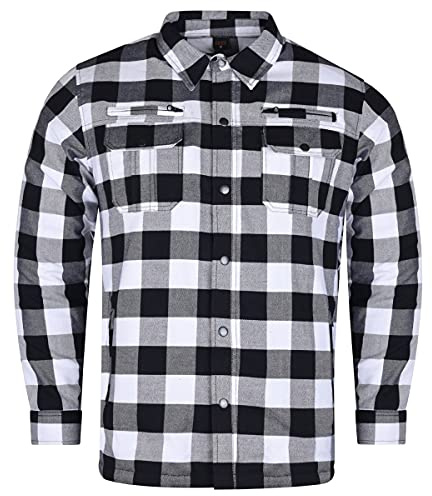 Mens Armored Checkered Flannel Biker Shirt, Multiple Waterproof Storage Pockets CE Approved Armor Reinforced Water Resistant (White, 2XL)