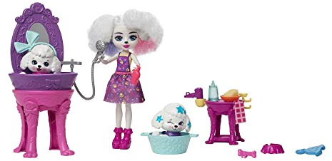 Enchantimals HHC20 - City Tails Pudelwohl Schönheitssalon Spielset mit Pudel-Mädchen Perris Poodle Puppe, 2 Hunde-Figuren, inklusive Wasch-Station und Zubehör, Spielzeug für Kinder ab 4 Jahren