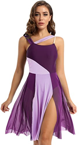 dPois Robe Danse Lyrique Femme Adulte Justaucorps Gymnastique Robe de Danse Classique Ballet Leotard Latine Tango Danseuse Costume Performance XS-XL Violet S
