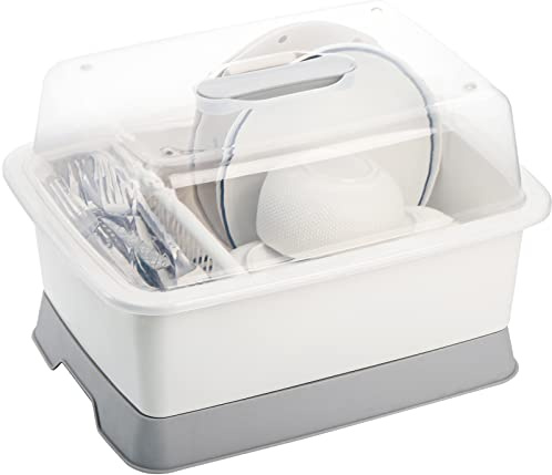 Lyellfe Plastic Dish Drying Rack, Bottle Dryer Holder with Cover Lid and Removable Drainboard, White Utensil and Cup Holder for Kitchen Counter, Dish Dryer Shelf, Medium Size