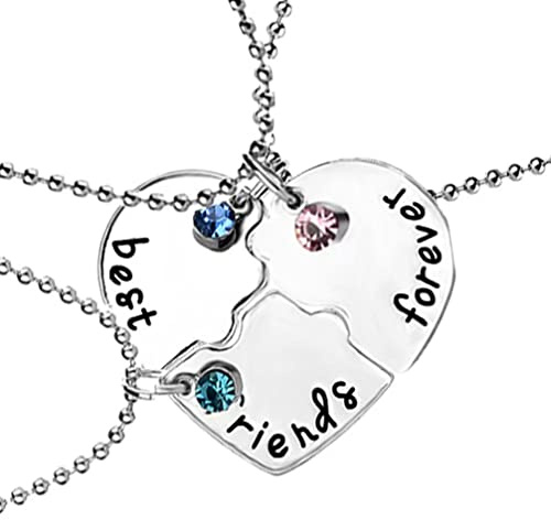 Houhounb Alloy Friendship Necklace BFF Chain with Diamond Best Friends Forever Necklace Labelling Partner Jewellery for Best Friends Sisters Gifts, Pack of 3, Silver