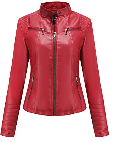 Giubbotto Ecopelle Donna Giacca Similpelle Donna Giubbino Giacche Ecopelle Donna Giacca Biker Jacket Donna Faux Leather Jacket Donna Giacca Bikers Finta Pelle Sintetica Donna Stand-up Curvy Rosso S