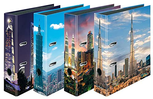 Herlitz® maX.File Ordner für Dokumente A4 | 8cm Rücken | 2-Ring-Mechanik mit Druckleiste | PP Folie beschichtete Beschläge | FSC zertifiziert | Wolkenkratzer