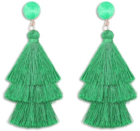 Quasten Ohrringe Grün Geschichtete Quastenohrringe Boho Geschichtete Quastenfadenohrringe Bohemian Quaste Anhänger Ohrringe Weihnachten mit Fransen Frauen Mädchen Halloween Weihnachtsohrringe