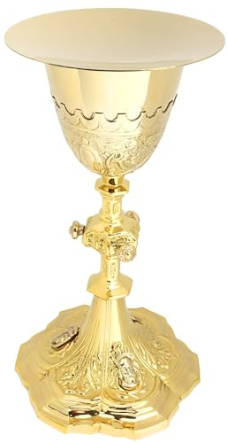 Needzo Embossed Brass Chalice and Paten Set, Catholic Church Communion Supplies, 9.5 x 5.5 Inch Goblet with 5” Diameter Plate