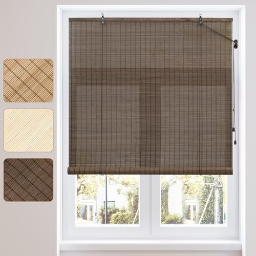 WOLTU Tenda a Rullo in Bambù, Protezione Solare, Protezione della Privacy, Oscurante da Interno a Rullo per Finestra/Porta, Tenda di Ventilazione, Marrone scuro, 80x220 cm