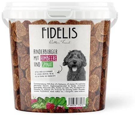 Fidelis – Rinderburger Himbeere & Spinat für Hunde im praktischen 1kg-Eimer - Luftgetrocknete Hunde Leckerlis aus 100% natürlichen Rohstoffen