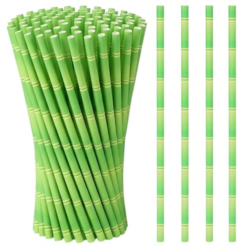 MIJOMA papperssugrör, miljövänliga papperssugrör för barns födelsedag, bröllop, babyshower, fest – biologiskt nedbrytbara (grönt – bambumönster, 100 stycken)