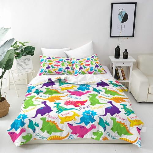 ANHOPE Dinosaur Duvet Cover Set Single 135x200cm | Colorful Cartoon Dino Roar Print, 2 Pillowcases 50x75cm, Soft Microfibre Bedding Quilt Cover Set for Kids Boys Girls