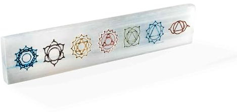 NKlaus Placa de carga para chakras de selenita, 19 x 4 cm, placa de limpieza energética con grabado de chakras, ideal para piedras curativas, meditación y decoración espiritual