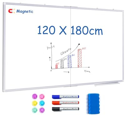 Grand tableau blanc magnétique effaçable à sec avec cadre en aluminium - 180 x 120 cm - Avec 3 marqueurs, 6 aimants, 1 gomme - Pour la maison, le bureau, l'école
