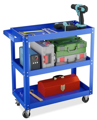 Relaxdays Chariot d'atelier, 3 Niveaux, Charge maximale : env. 100 kg, H x L x P : 76 x 78 x 35 cm, Bleu